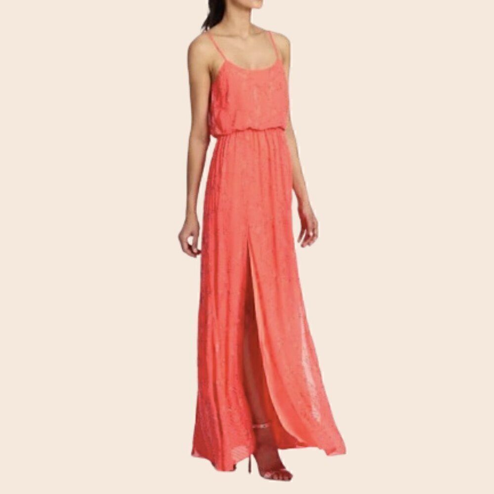 NEEDLE & THREAD Coral Orange Beaded Constellation Georgette Gown Size 6
